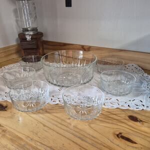 French Crystal Cut Acropal Serving Dish With 6 Bowls